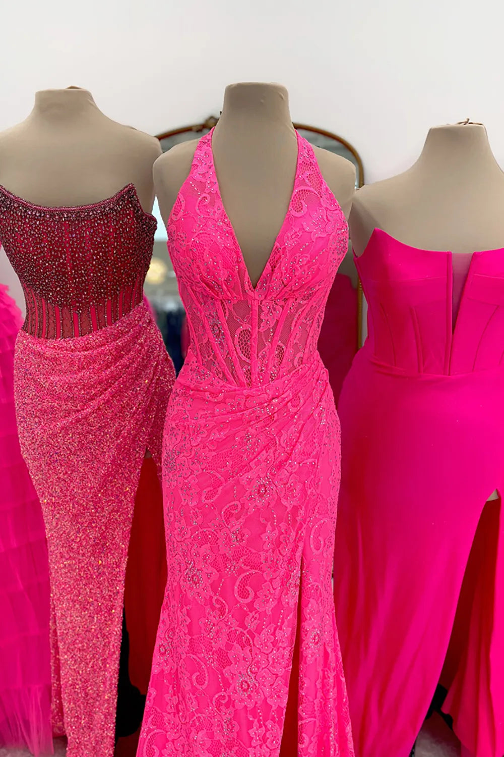 Hot Pink Halter Lace Mermaid Long Prom Dress with Slit