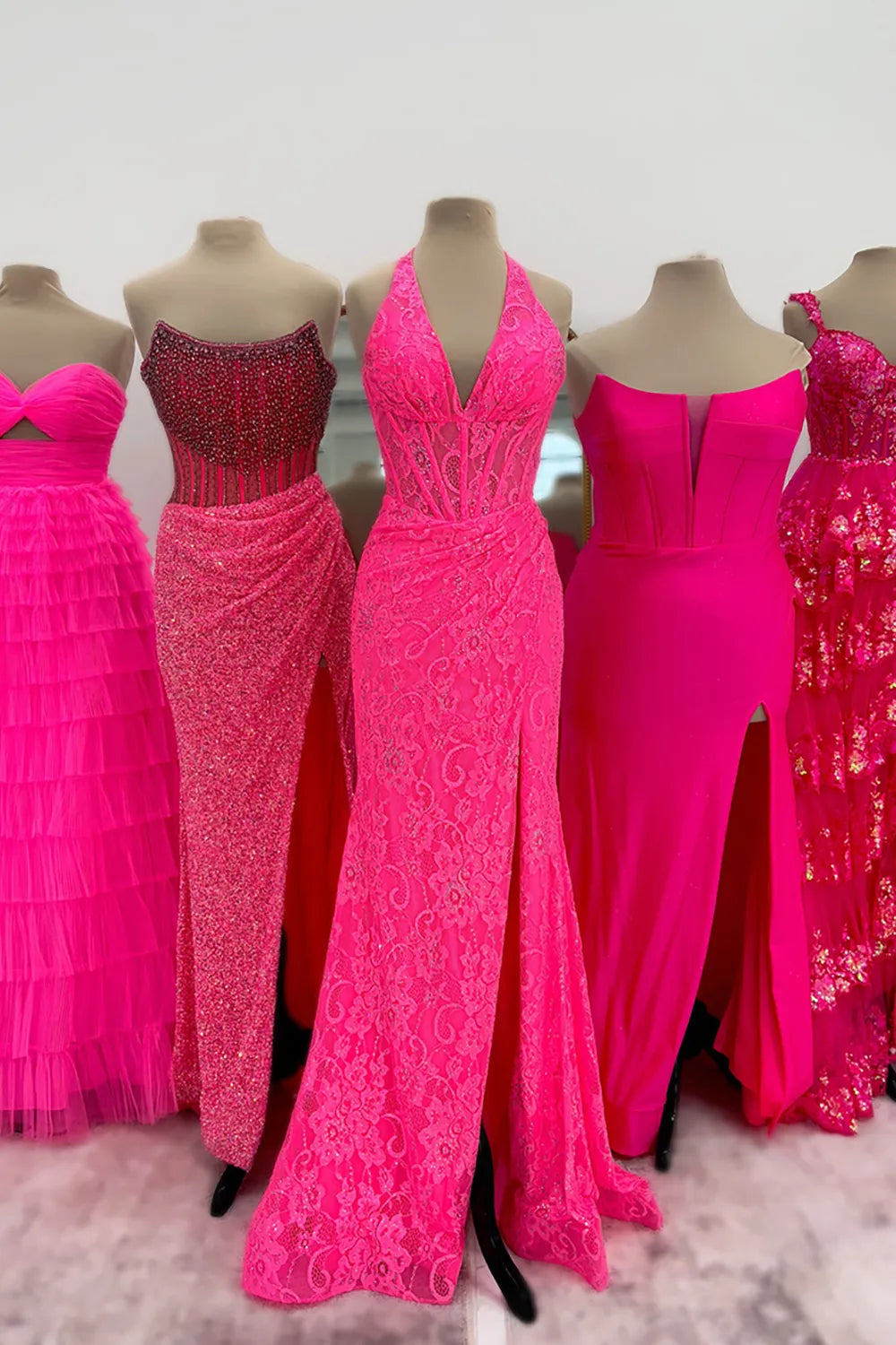 Hot Pink Halter Lace Mermaid Long Prom Dress with Slit
