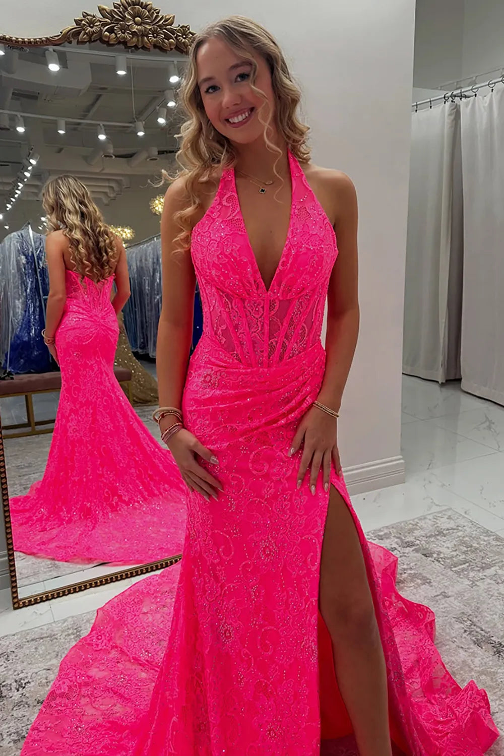 Hot Pink Halter Lace Mermaid Long Prom Dress with Slit