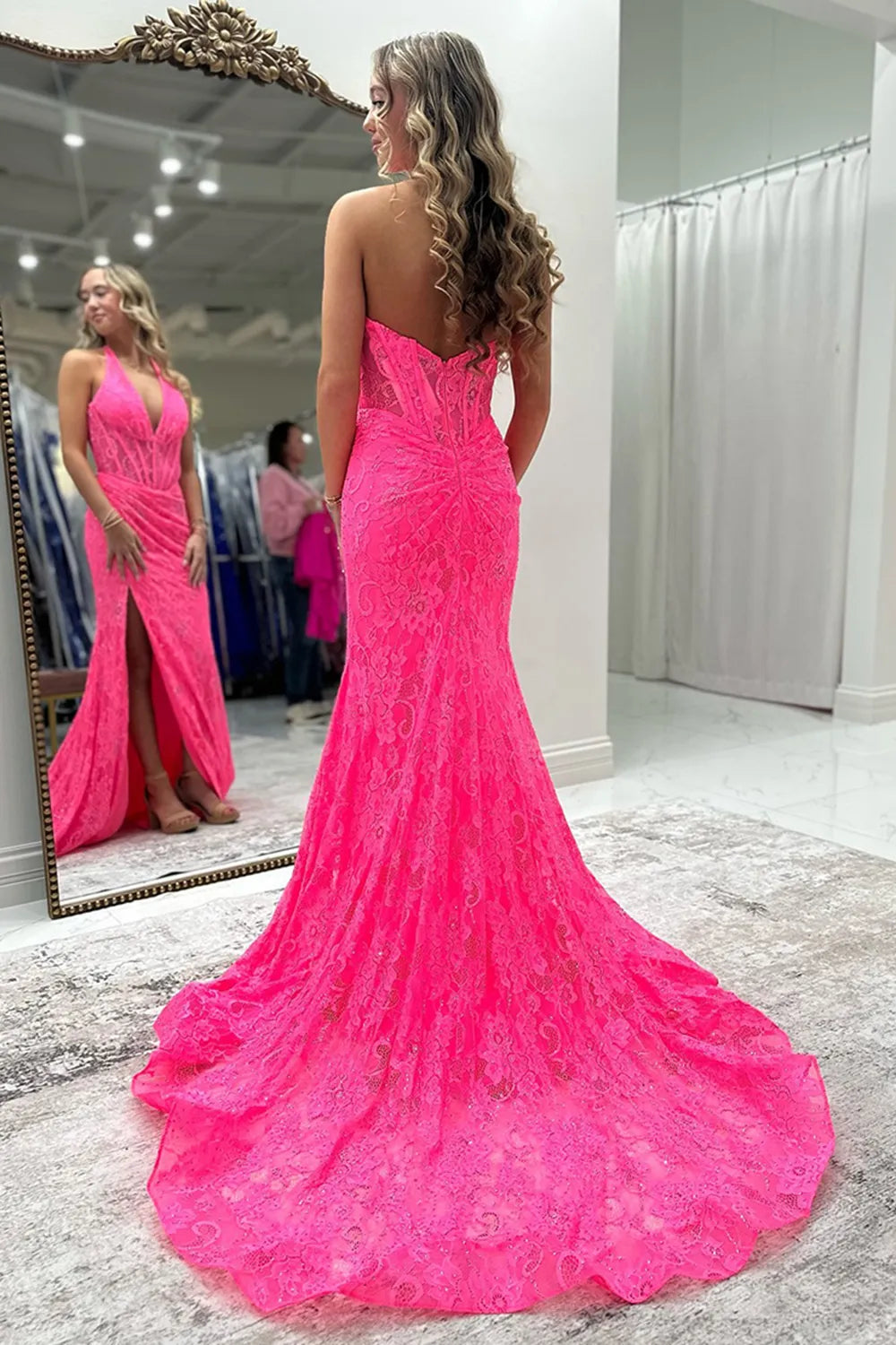 Hot Pink Halter Lace Mermaid Long Prom Dress with Slit