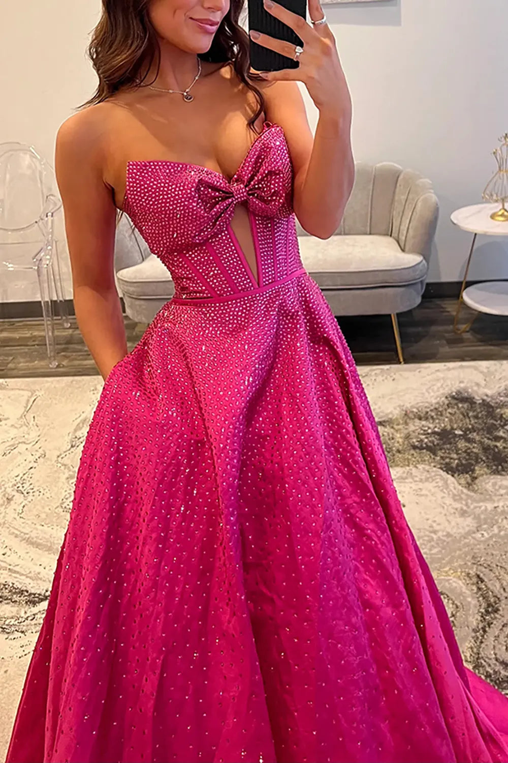 Sparkly Navy Sweetheart Beaded Long Prom Dress with Bow