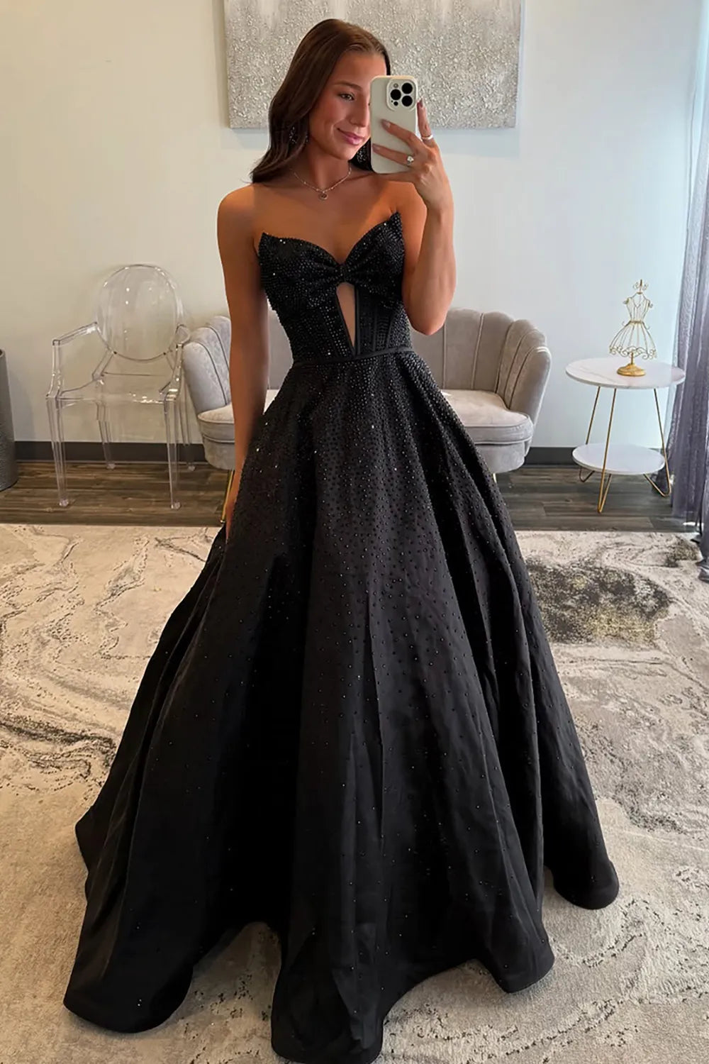 Sparkly Navy Sweetheart Beaded Long Prom Dress with Bow