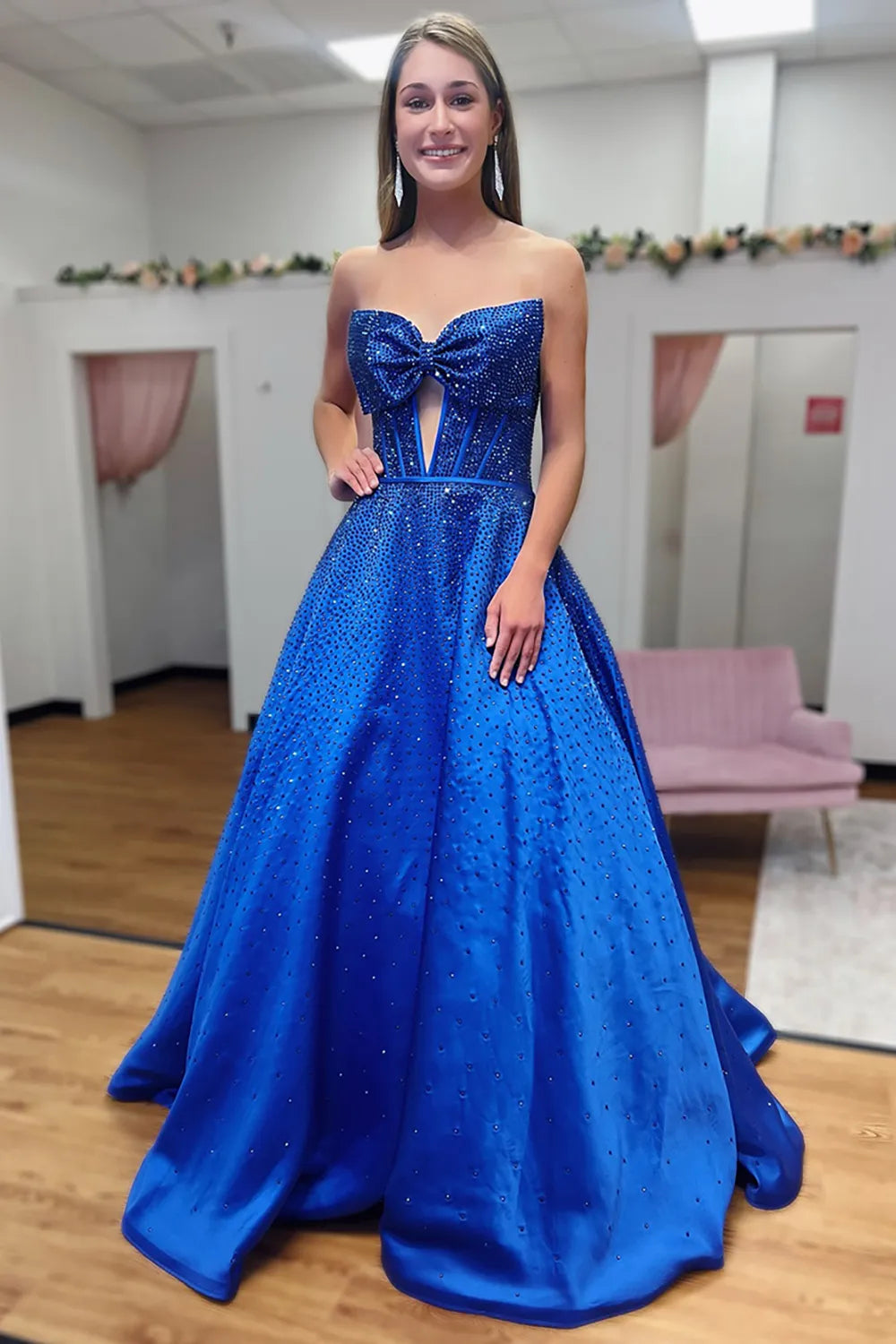 Sparkly Navy Sweetheart Beaded Long Prom Dress with Bow