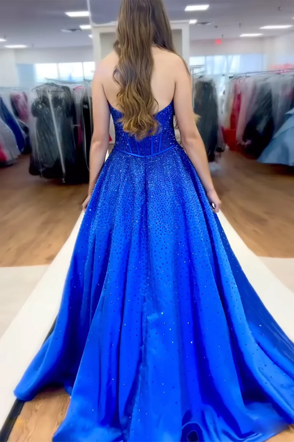 Sparkly Navy Sweetheart Beaded Long Prom Dress with Bow