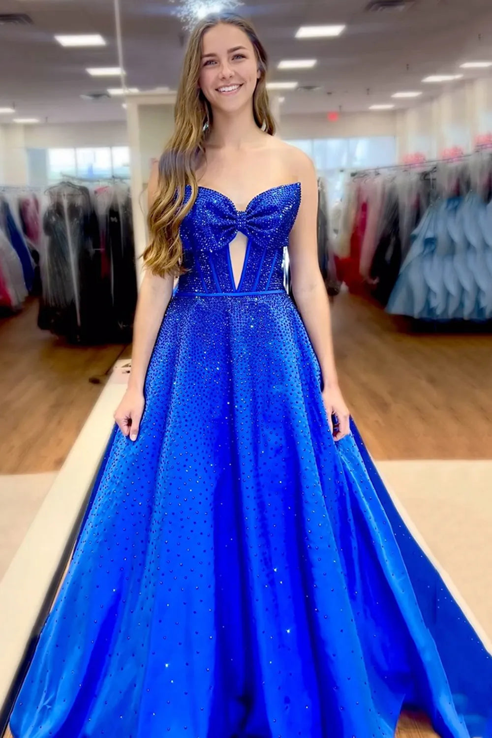 Sparkly Navy Sweetheart Beaded Long Prom Dress with Bow