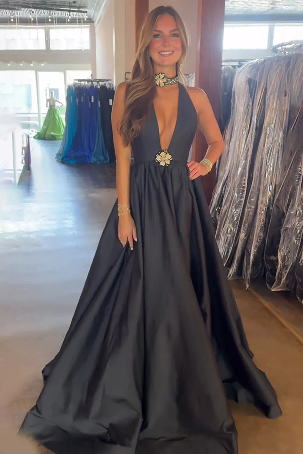 Black V-Neck A-Line Satin Long Prom Dress with 3D Flower