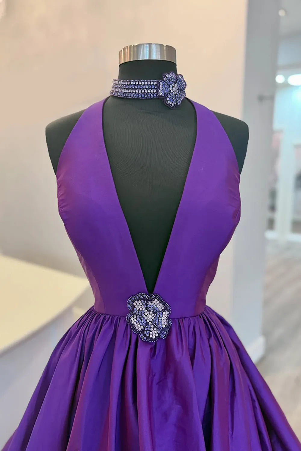Black V-Neck A-Line Satin Long Prom Dress with 3D Flower
