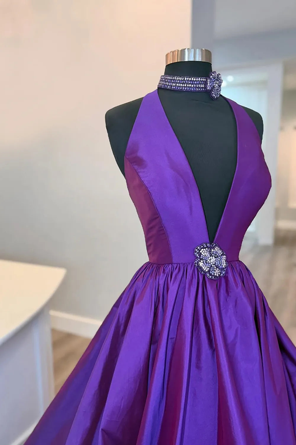 Black V-Neck A-Line Satin Long Prom Dress with 3D Flower
