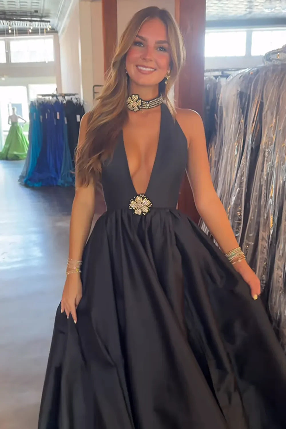 Black V-Neck A-Line Satin Long Prom Dress with 3D Flower