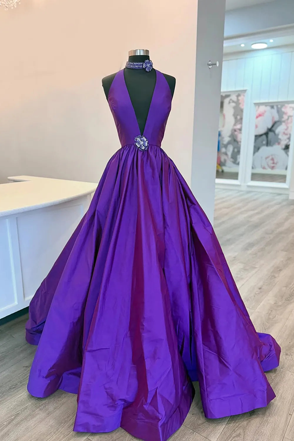 Black V-Neck A-Line Satin Long Prom Dress with 3D Flower