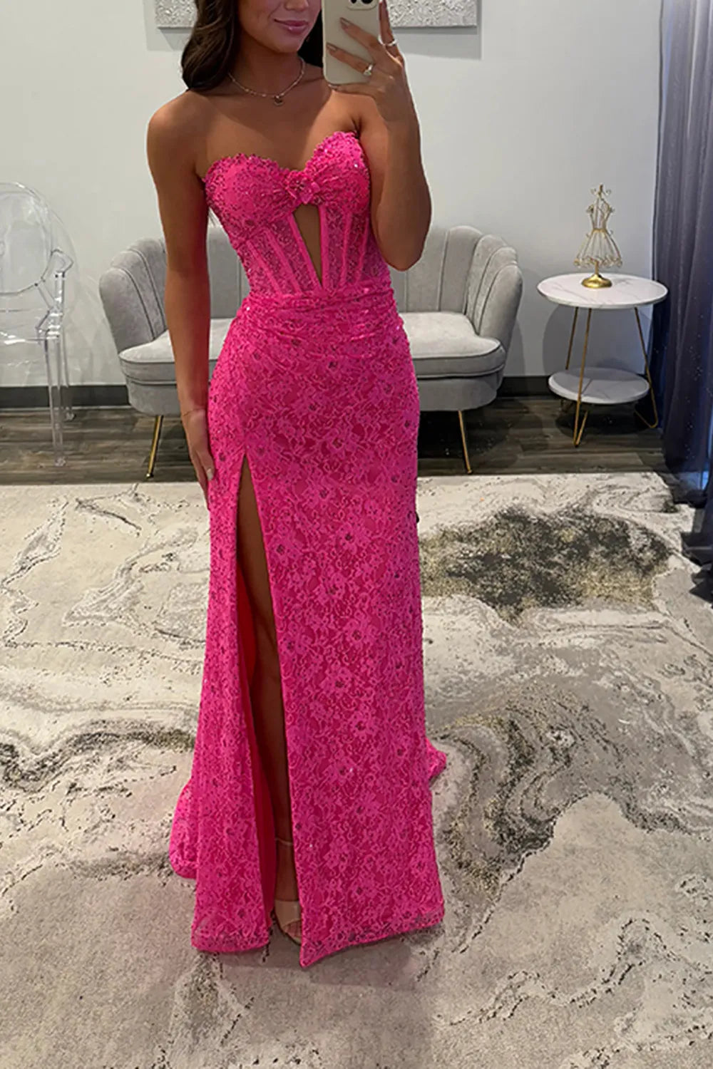 Hot Pink Sweetheart Lace Mermaid Long Prom Dress with Slit