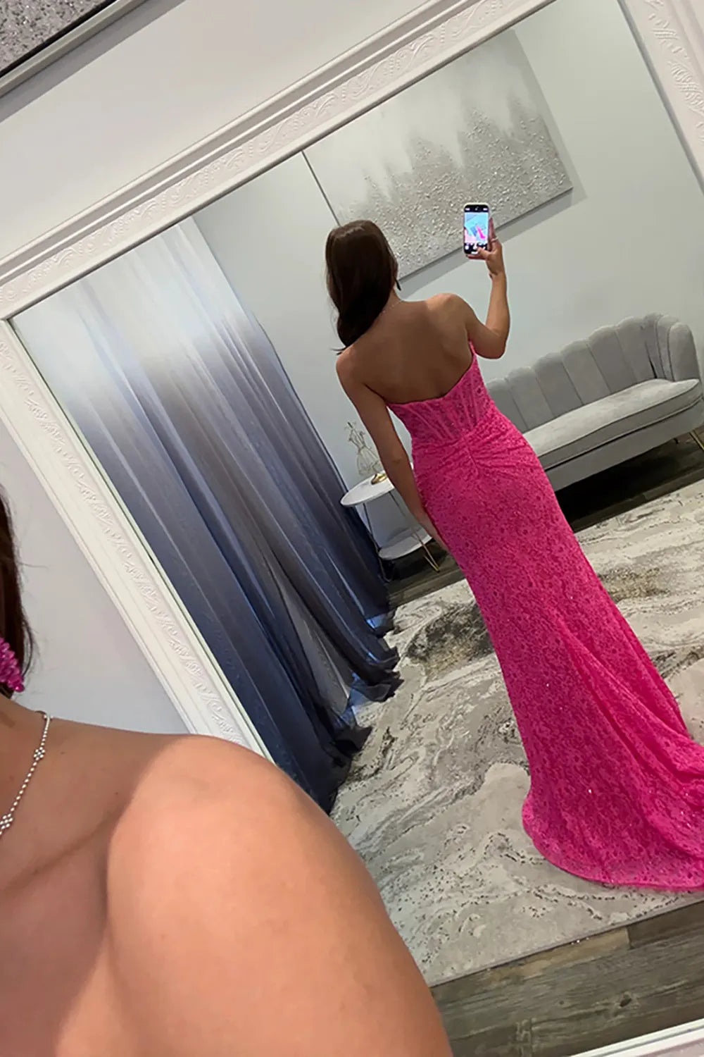 Hot Pink Sweetheart Lace Mermaid Long Prom Dress with Slit
