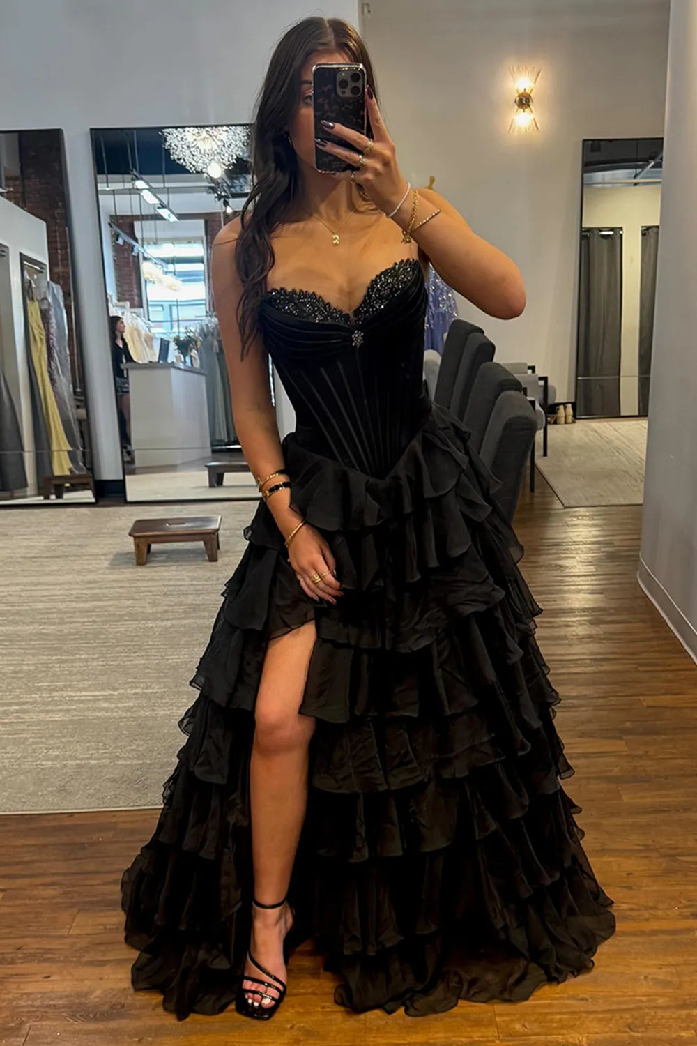 Black Sweetheart Satin Princess Tiered Long Prom Dress with Beading