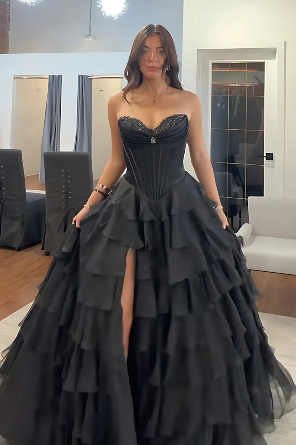Black Sweetheart Satin Princess Tiered Long Prom Dress with Beading