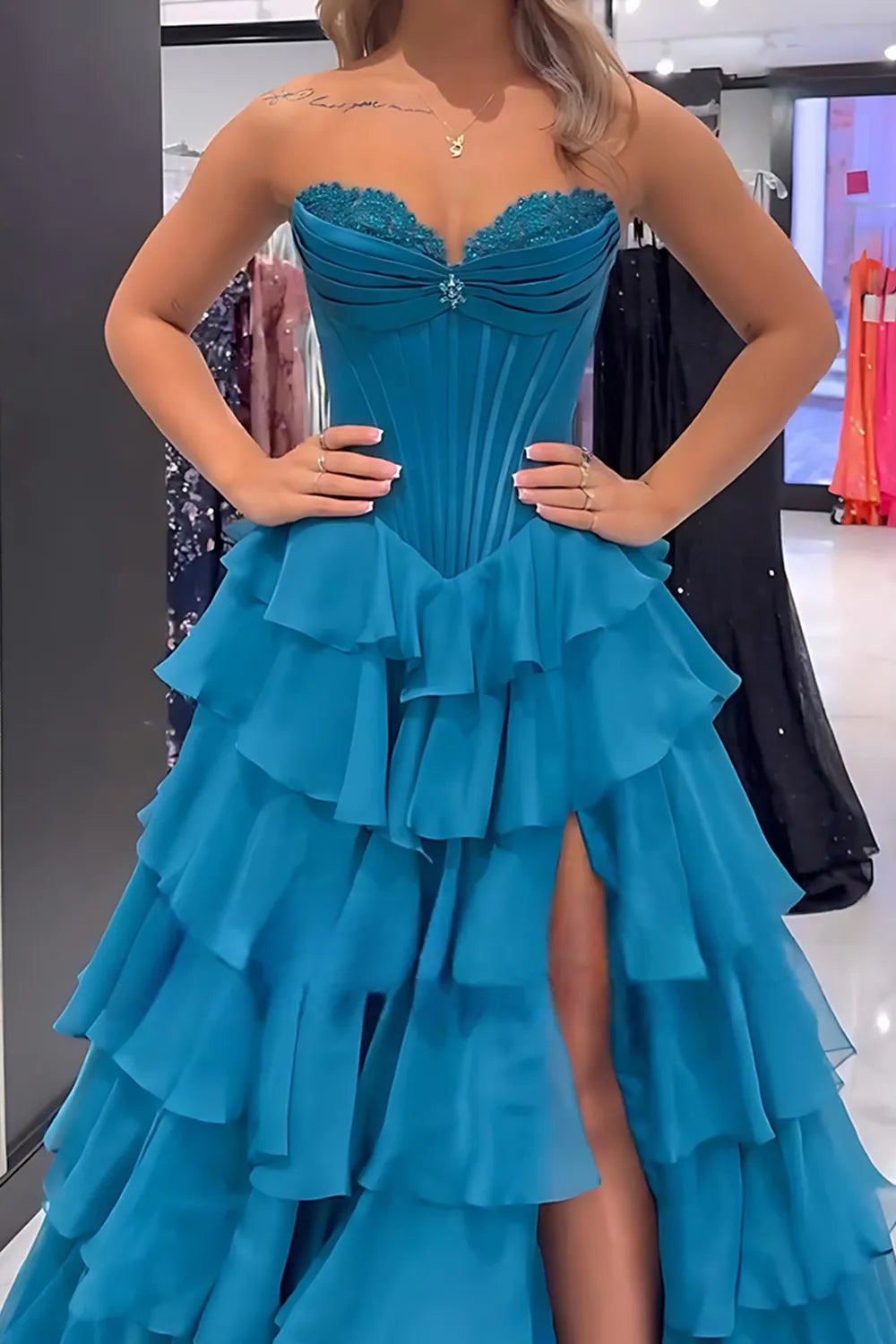Black Sweetheart Satin Princess Tiered Long Prom Dress with Beading