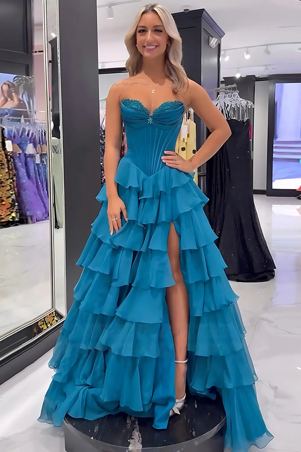 Black Sweetheart Satin Princess Tiered Long Prom Dress with Beading