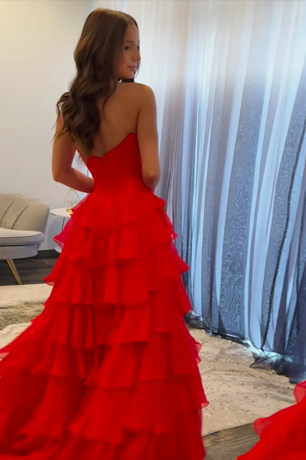 Black Sweetheart Satin Princess Tiered Long Prom Dress with Beading