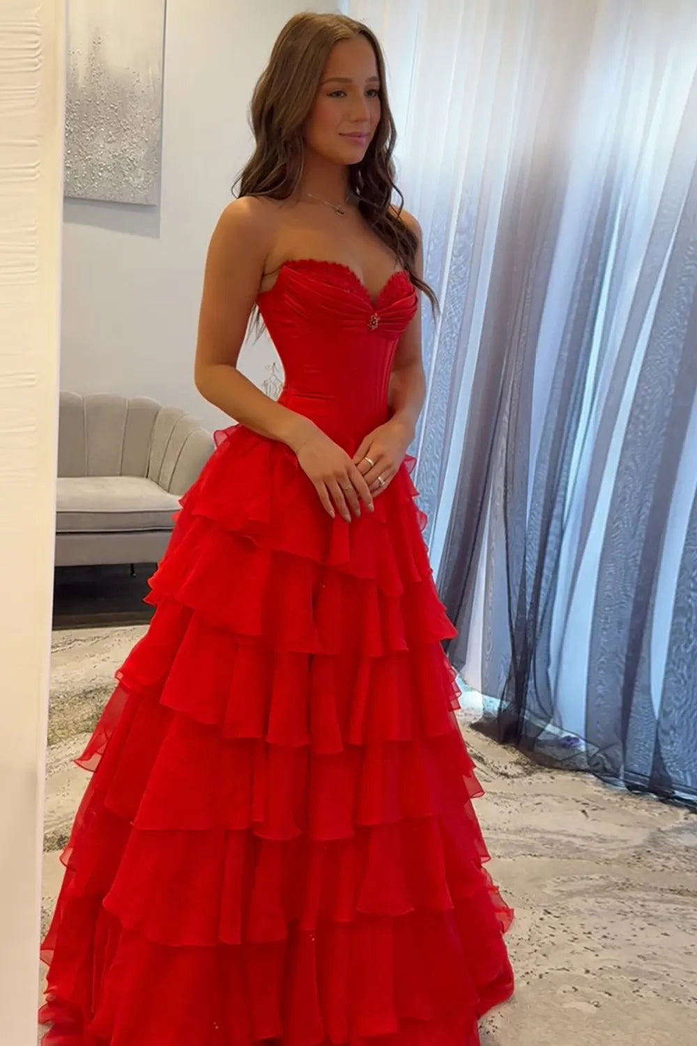 Black Sweetheart Satin Princess Tiered Long Prom Dress with Beading