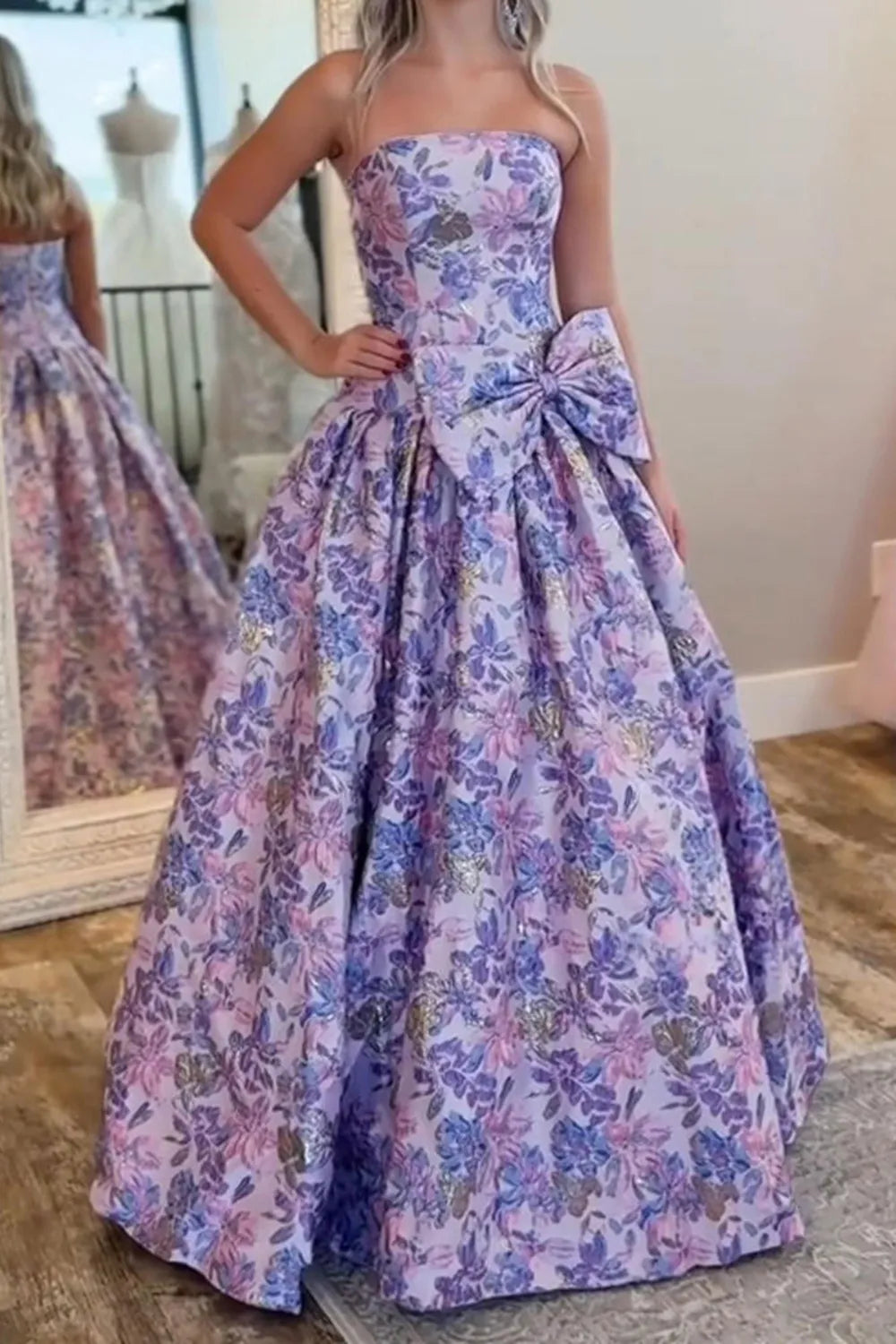 Lilac Jacquard Floral Strapless Princess Long Prom Dress with Bow
