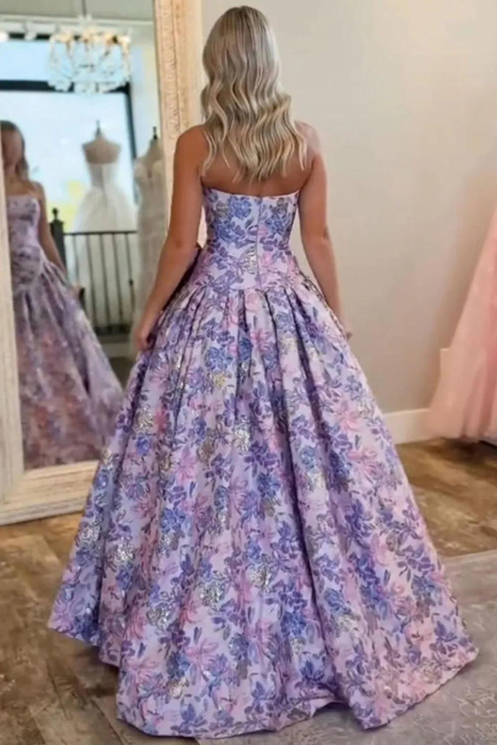 Lilac Jacquard Floral Strapless Princess Long Prom Dress with Bow