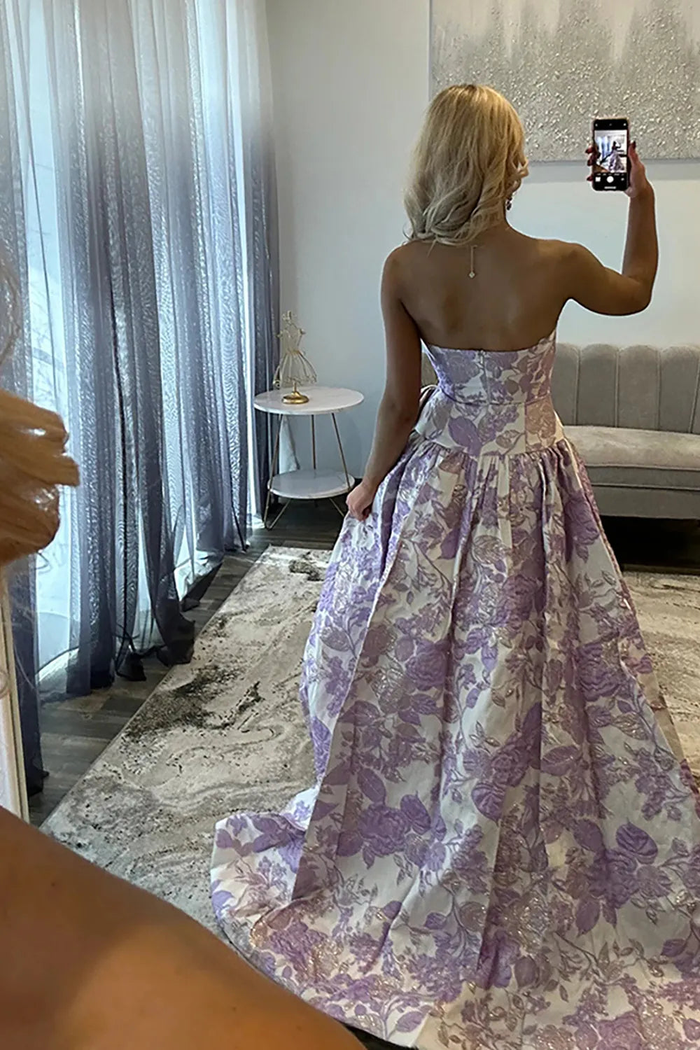 Lilac Jacquard Floral Strapless Princess Long Prom Dress with Bow