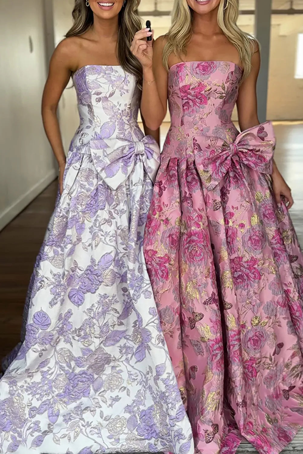 Lilac Jacquard Floral Strapless Princess Long Prom Dress with Bow