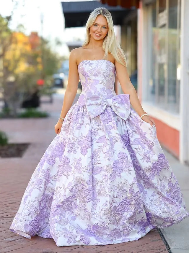 Lilac Jacquard Floral Strapless Princess Long Prom Dress with Bow