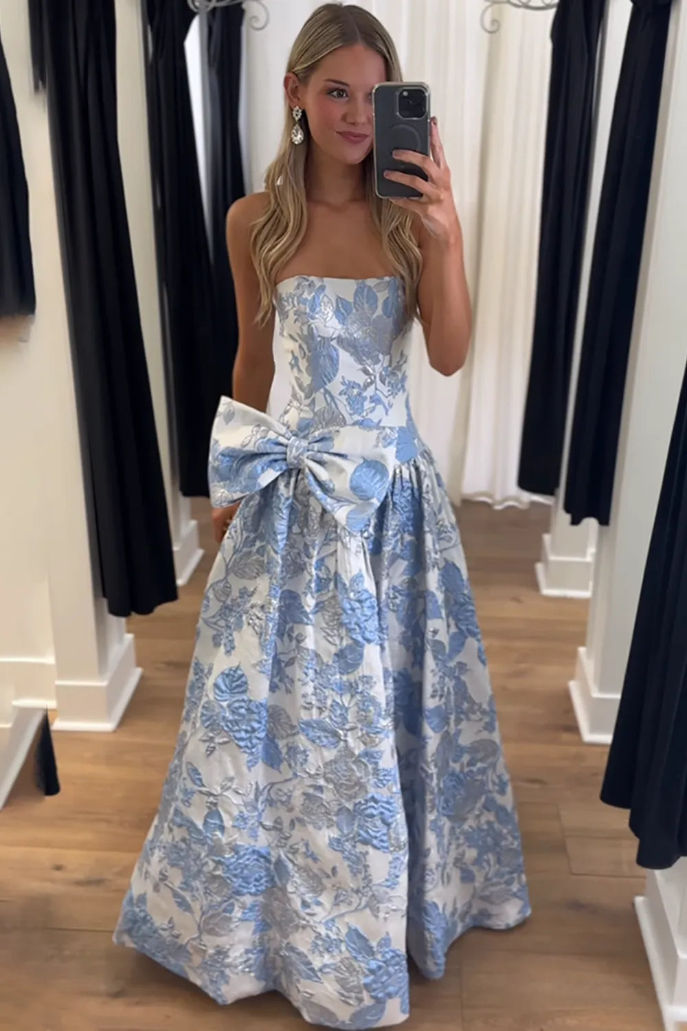 Lilac Jacquard Floral Strapless Princess Long Prom Dress with Bow