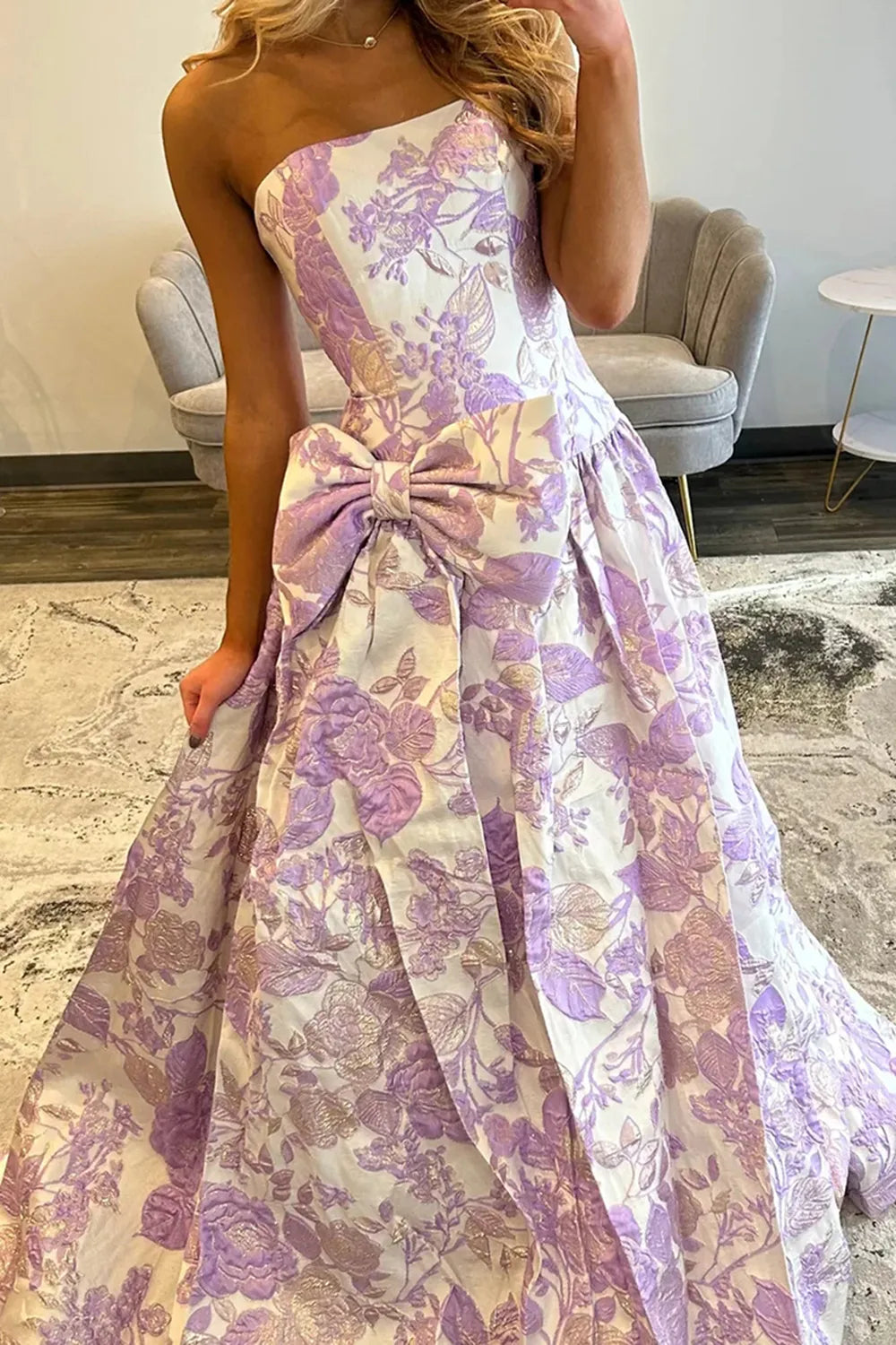 Lilac Jacquard Floral Strapless Princess Long Prom Dress with Bow