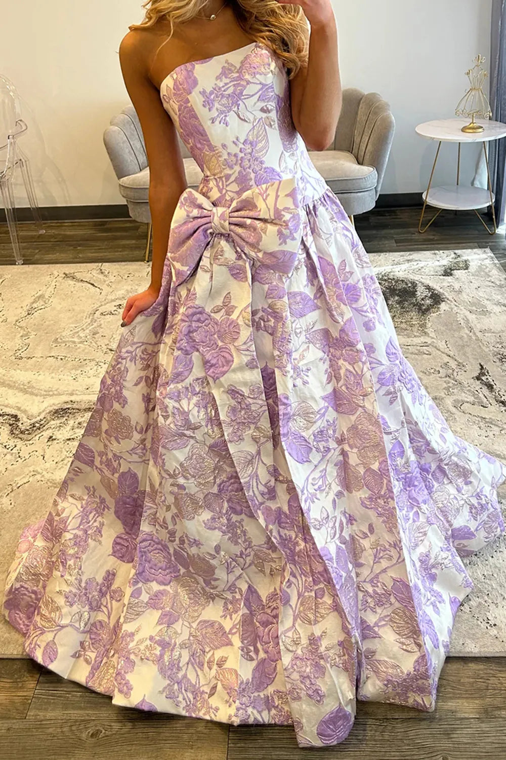 Lilac Jacquard Floral Strapless Princess Long Prom Dress with Bow