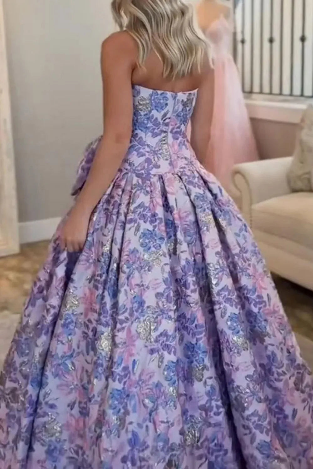 Lilac Jacquard Floral Strapless Princess Long Prom Dress with Bow