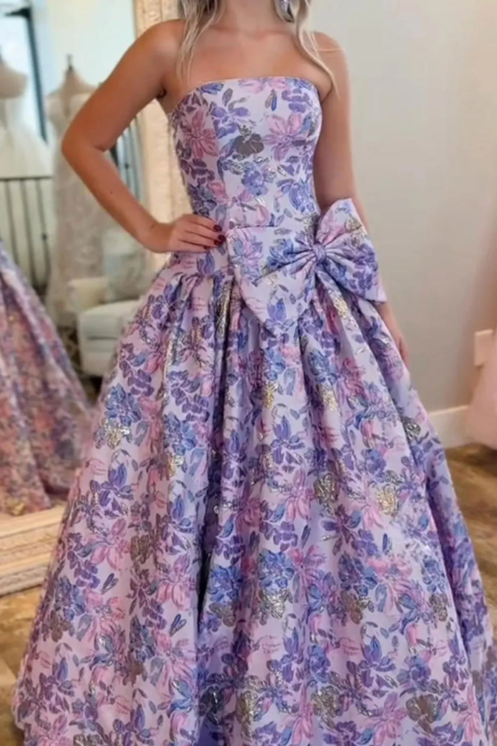 Lilac Jacquard Floral Strapless Princess Long Prom Dress with Bow