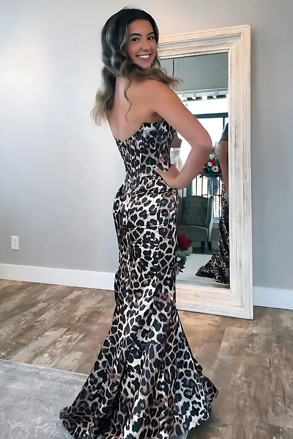 Brown Leopard Sweetheart Mermaid Long Prom Dress with Beading