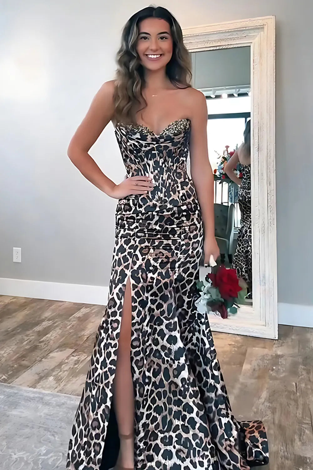 Brown Leopard Sweetheart Mermaid Long Prom Dress with Beading