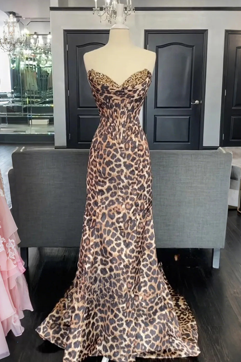 Brown Leopard Sweetheart Mermaid Long Prom Dress with Beading