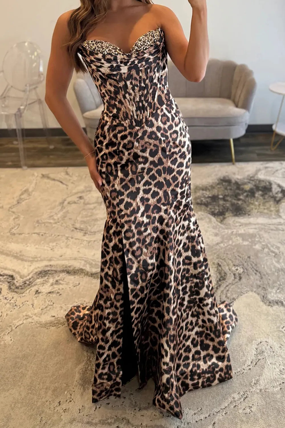 Brown Leopard Sweetheart Mermaid Long Prom Dress with Beading