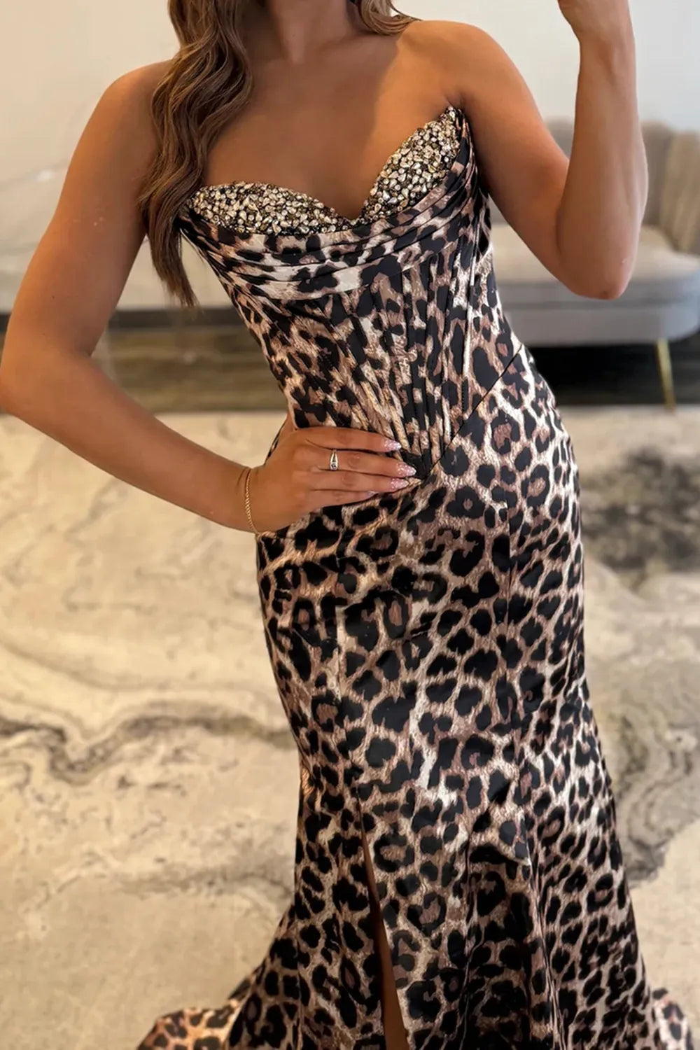 Brown Leopard Sweetheart Mermaid Long Prom Dress with Beading