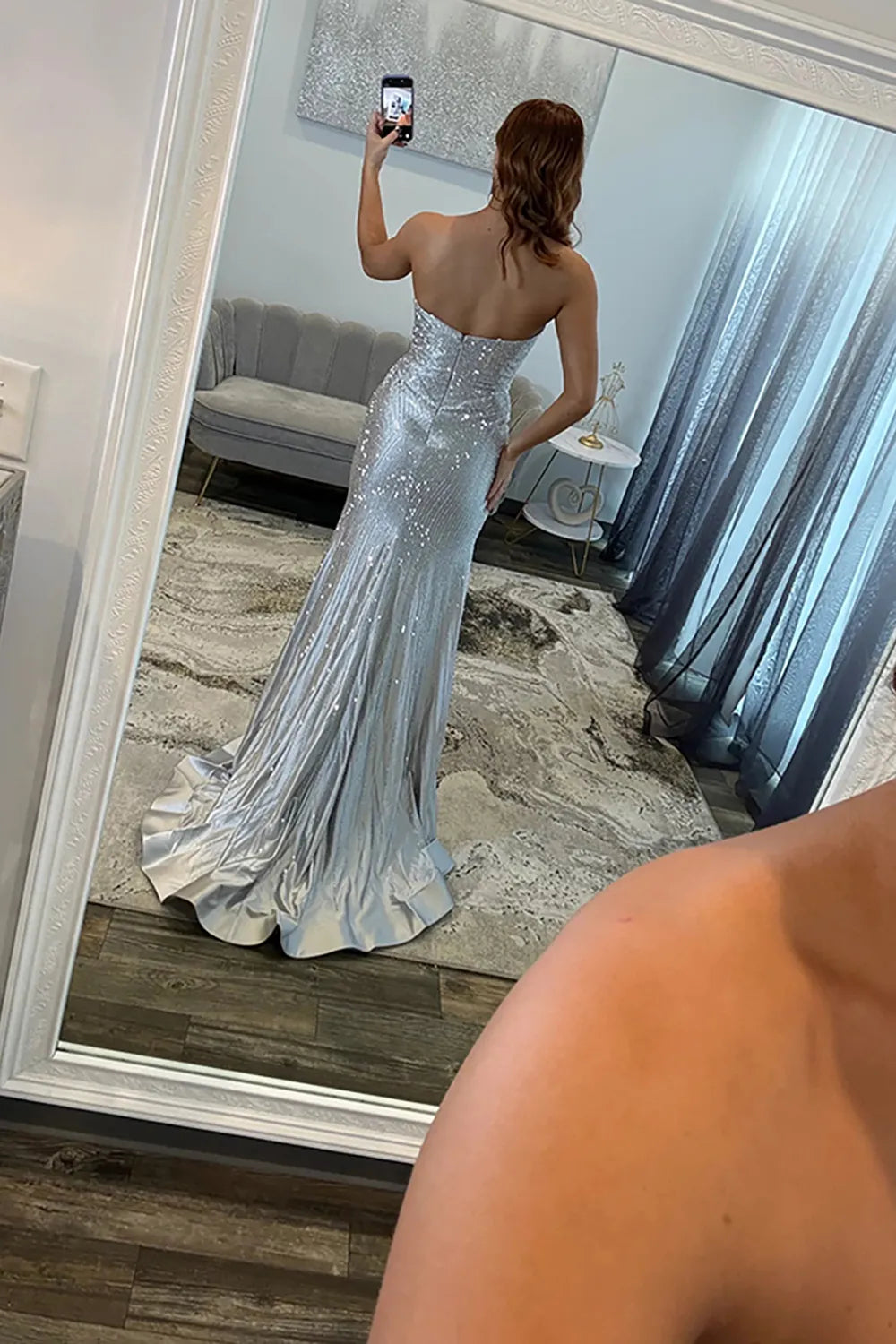 Sparkly Strapless Beaded Mermaid Long Prom Dress with Slit