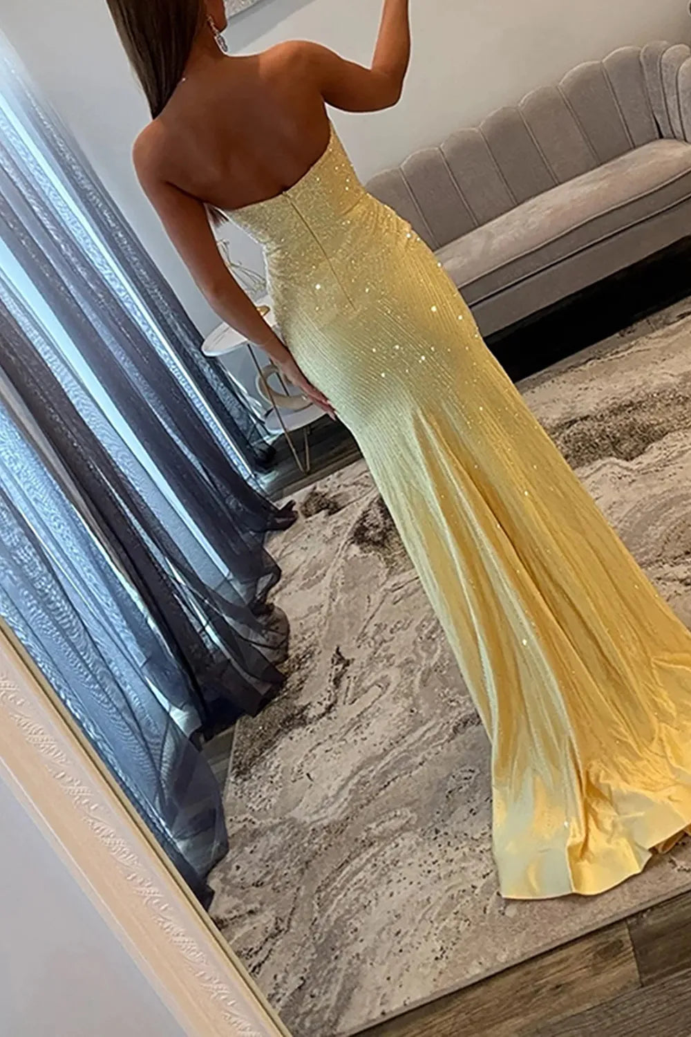 Sparkly Strapless Beaded Mermaid Long Prom Dress with Slit