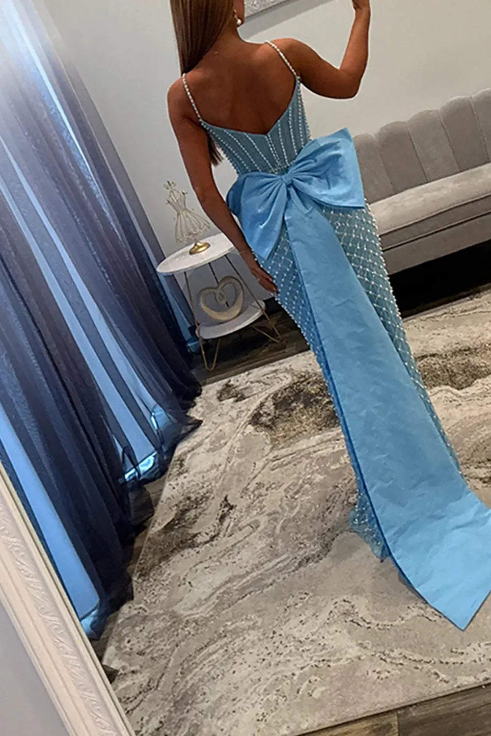 Sparkly Spaghetti Straps Mermaid Long Corset Prom Dress with Pearls
