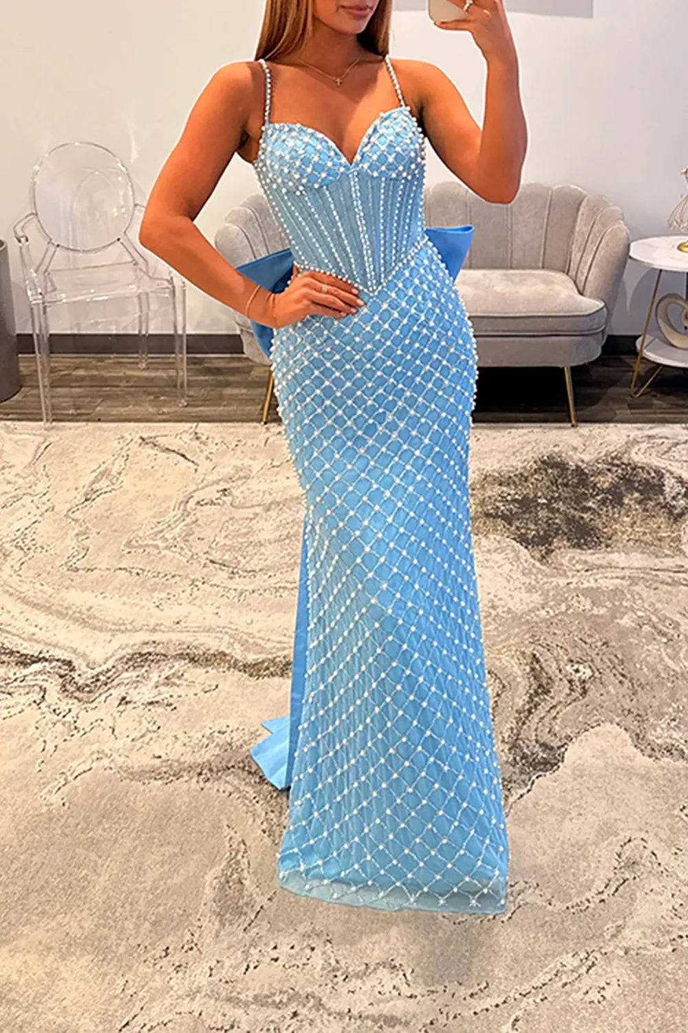 Sparkly Spaghetti Straps Mermaid Long Corset Prom Dress with Pearls