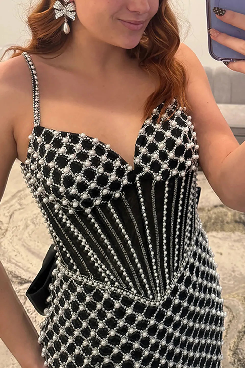 Sparkly Spaghetti Straps Mermaid Long Corset Prom Dress with Pearls