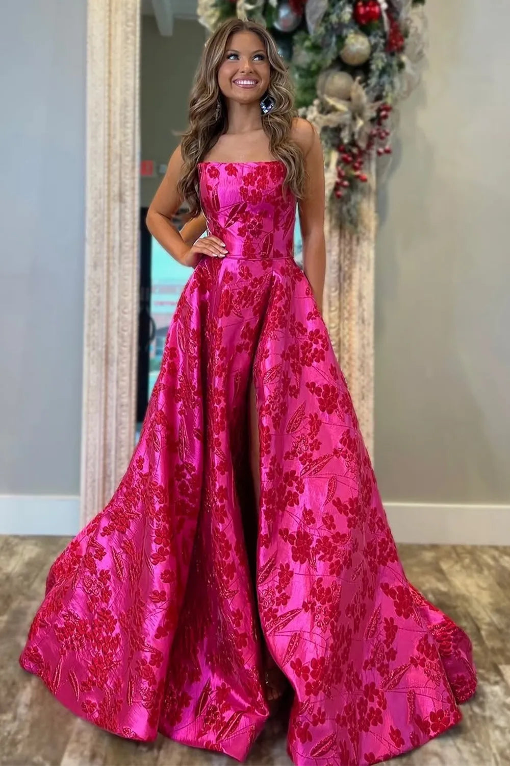 Fuchsia Floral Strapless A-Line Long Prom Dress with Slit