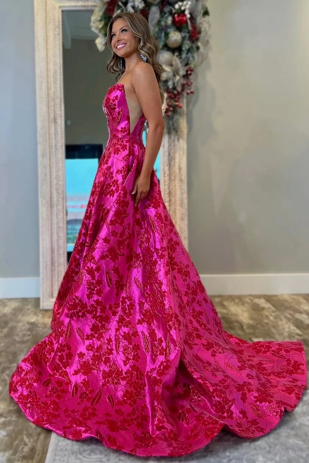 Fuchsia Floral Strapless A-Line Long Prom Dress with Slit