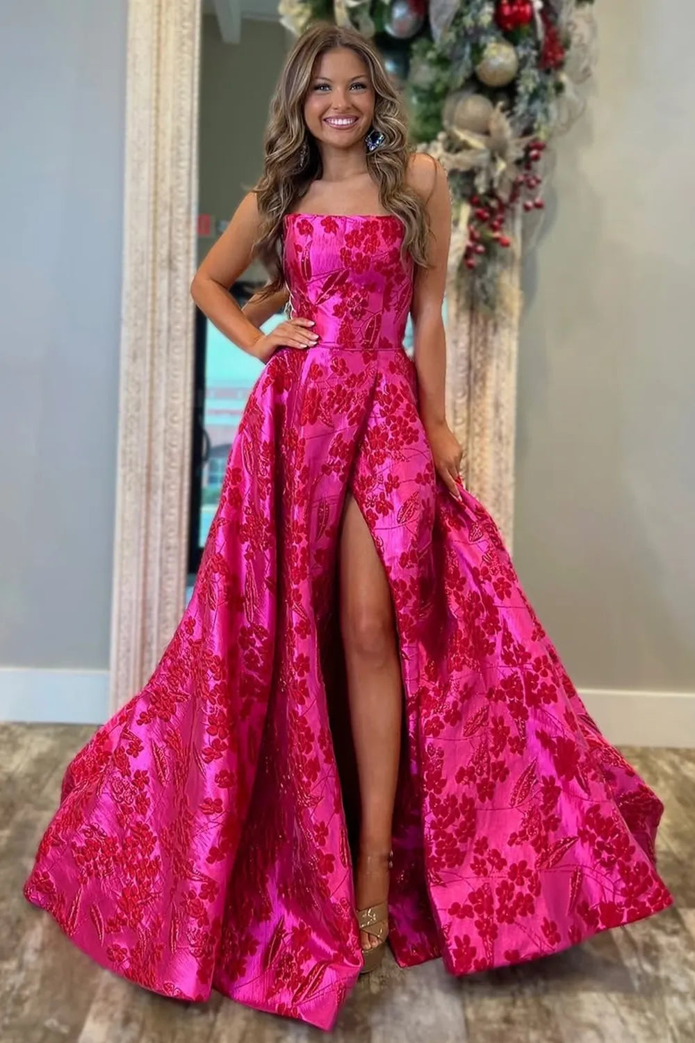 Fuchsia Floral Strapless A-Line Long Prom Dress with Slit