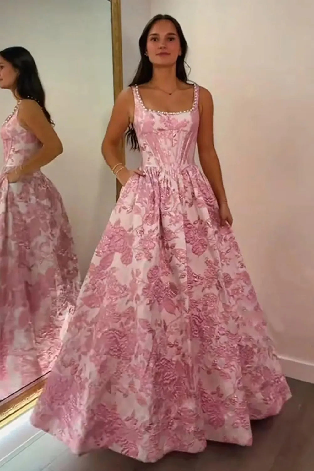 Pink Floral Jacquard Square Neck Princess Long Prom Dress with Pearls