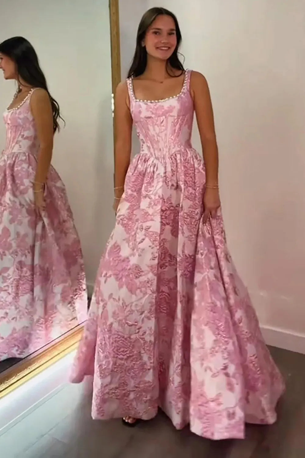 Pink Floral Jacquard Square Neck Princess Long Prom Dress with Pearls