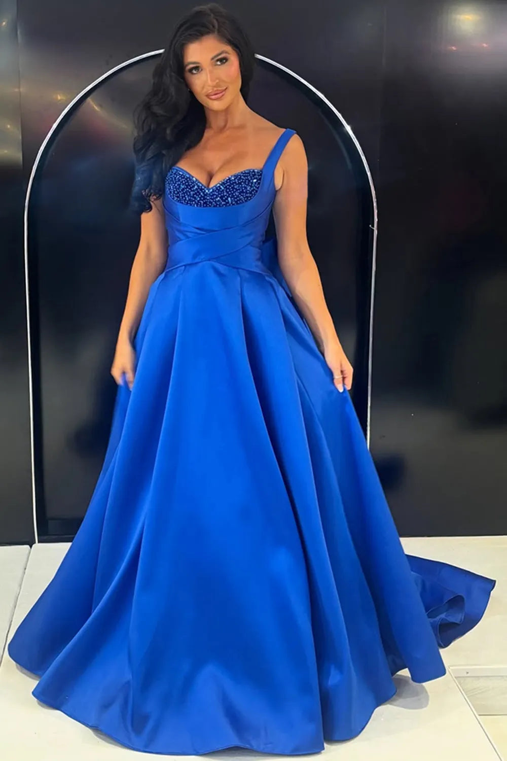 Royal Blue Sweetheart Satin Princess Long Prom Dress with Beading