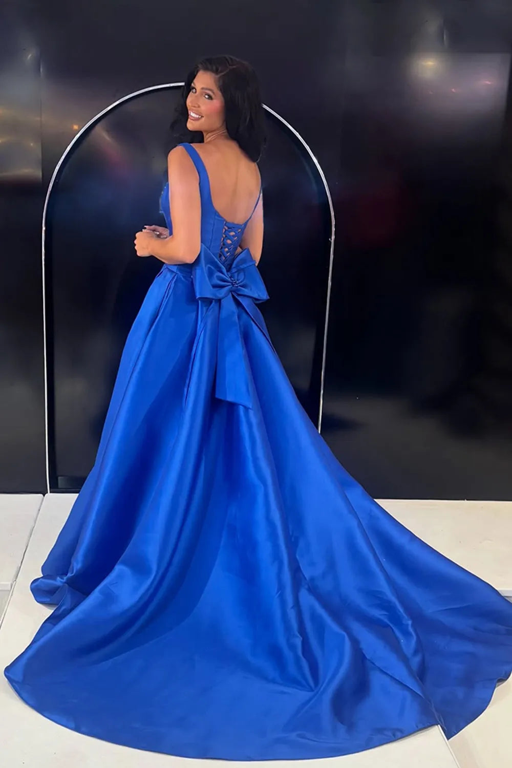 Royal Blue Sweetheart Satin Princess Long Prom Dress with Beading