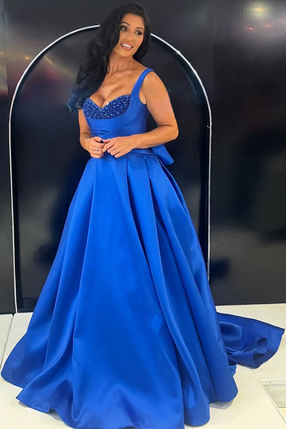 Royal Blue Sweetheart Satin Princess Long Prom Dress with Beading